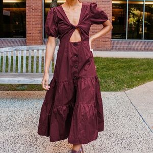 NWT Lulus Simple Times Burgundy Twist-Front Puff Sleeve Tiered Maxi Dress